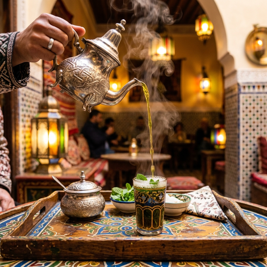 Traditional Moroccan mint tea poured